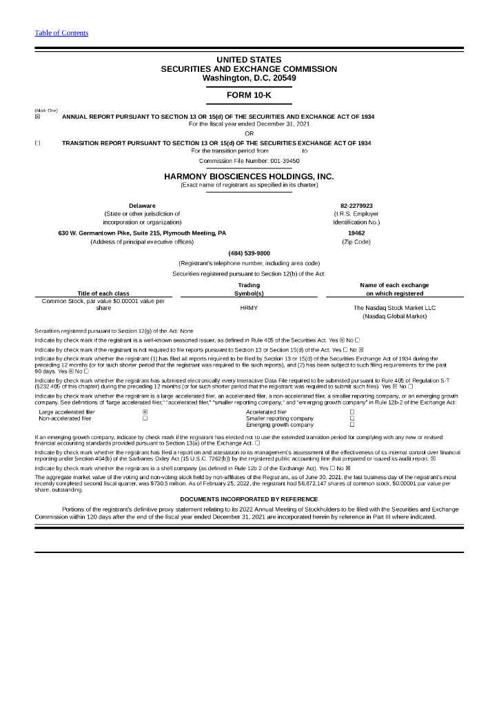 Harmony Biosciences Holdings,Inc.（HRMY）2021财年年度报告（英文版）