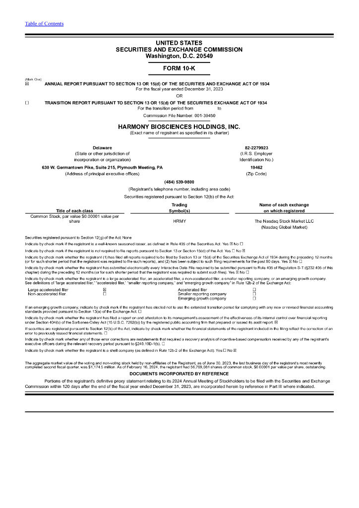 Harmony Biosciences Holdings,Inc.（HRMY）2023财年年度报告（英文版）