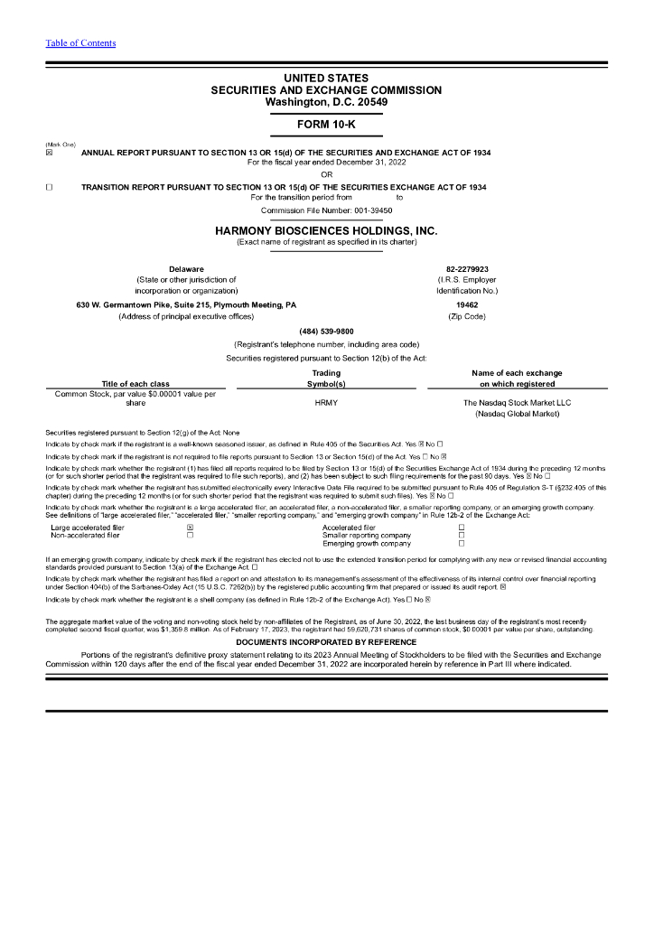 Harmony Biosciences Holdings,Inc.（HRMY）2022财年年度报告（英文版）