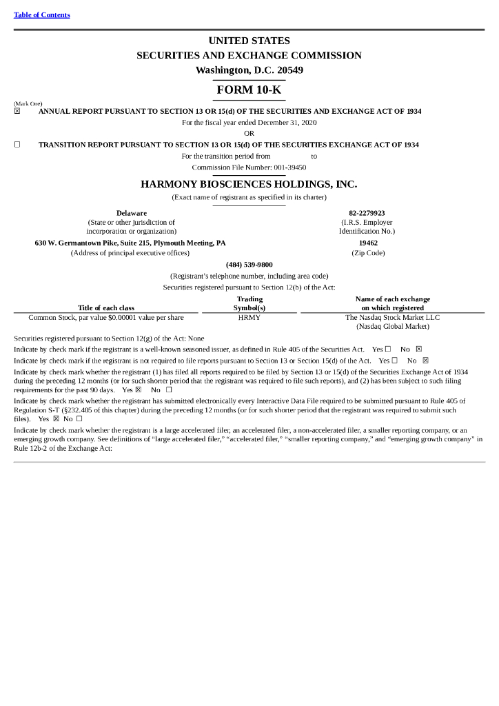 Harmony Biosciences Holdings,Inc.（HRMY）2020财年年度报告（英文版）