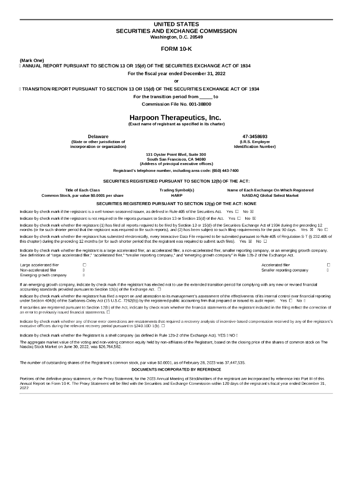Harpoon Therapeutics,Inc.（HARP）2022财年年度报告（英文版）