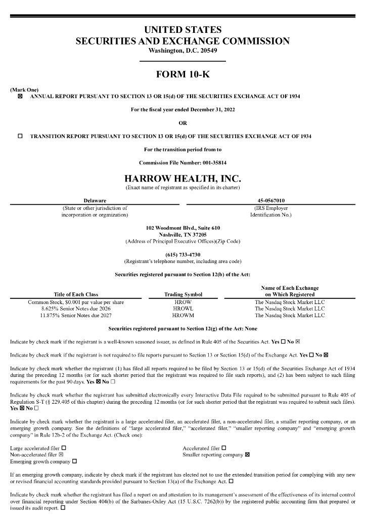 Harrow Health,Inc.（HROW）2022财年年度报告（英文版）