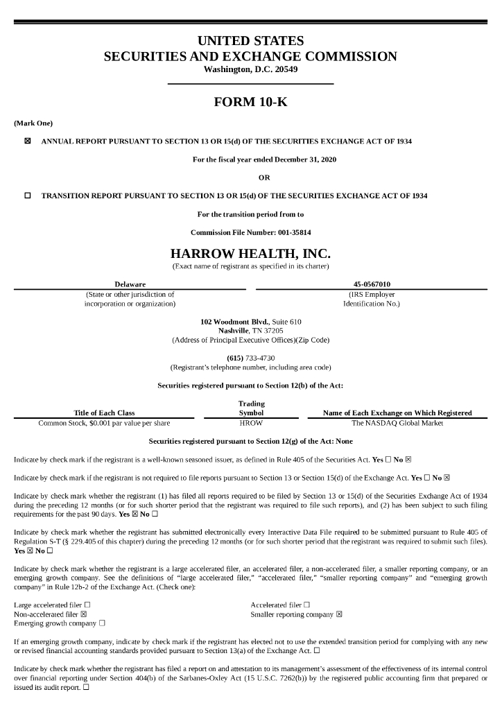 Harrow Health,Inc.（HROW）2020财年年度报告（英文版）