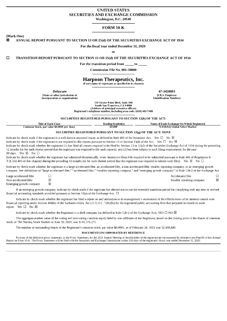 Harpoon Therapeutics,Inc.（HARP）2020财年年度报告（英文版）