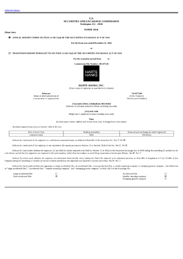 Harte-Hanks Inc.（HHS）2022财年年度报告（英文版）