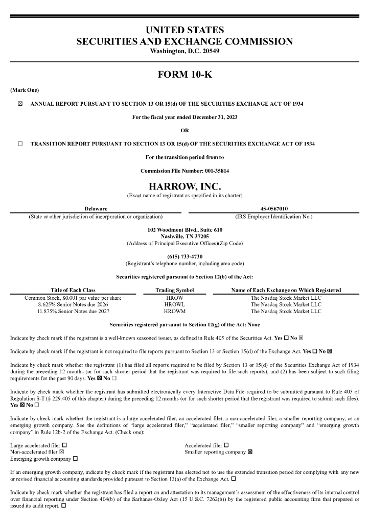 Harrow Health,Inc.（HROW）2023财年年度报告（英文版）