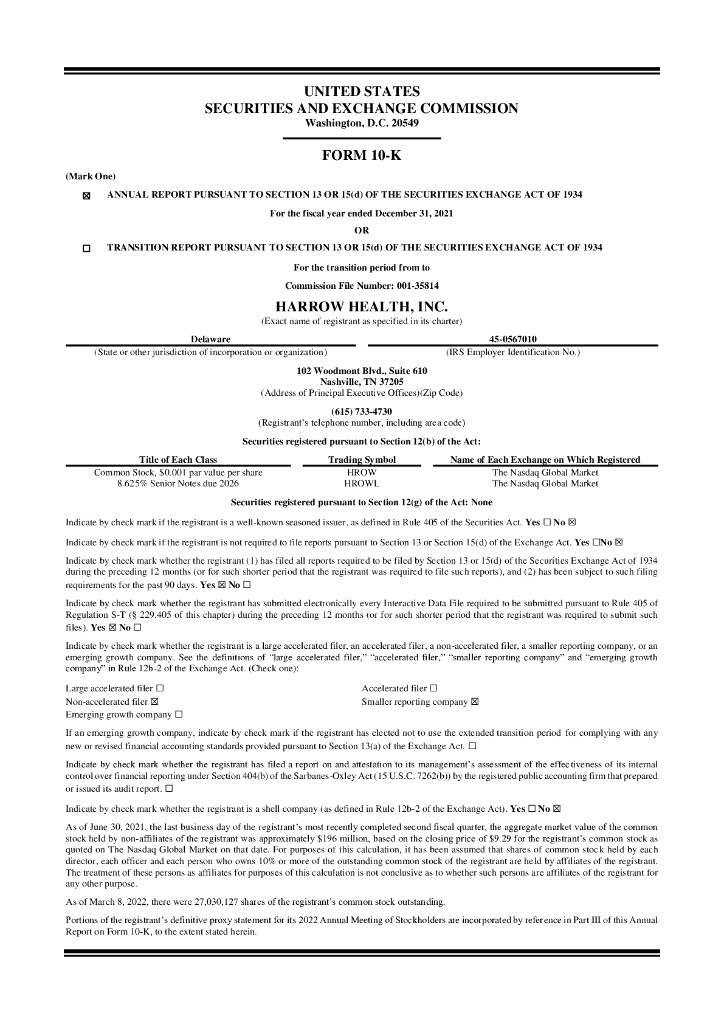 Harrow Health,Inc.（HROW）2021财年年度报告（英文版）