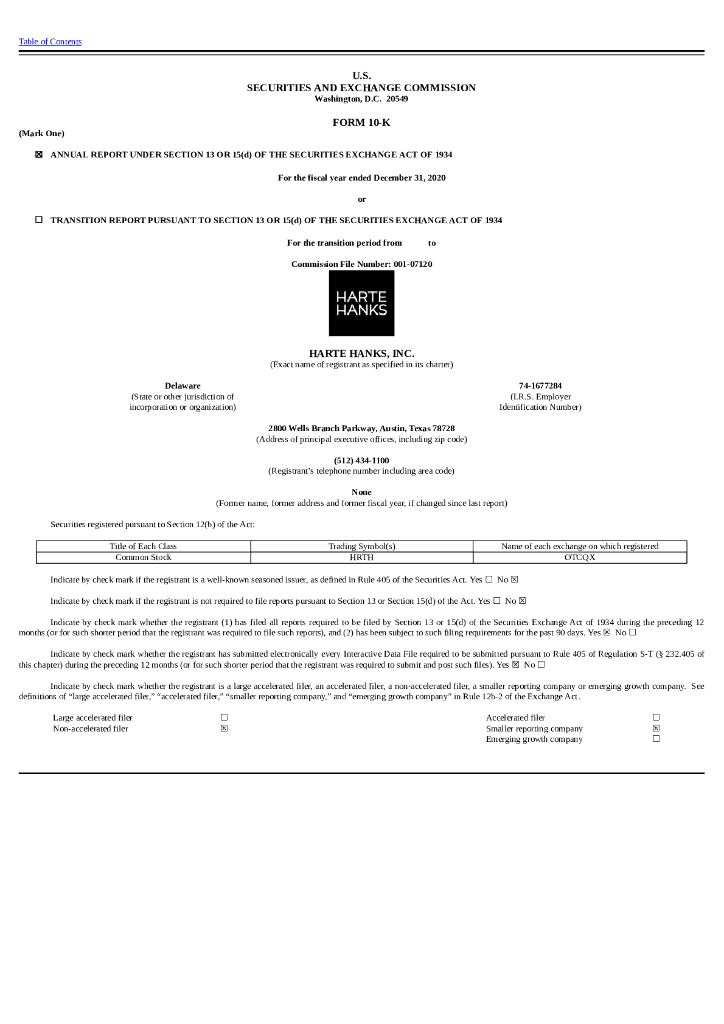 Harte-Hanks Inc.（HHS）2020财年年度报告（英文版）