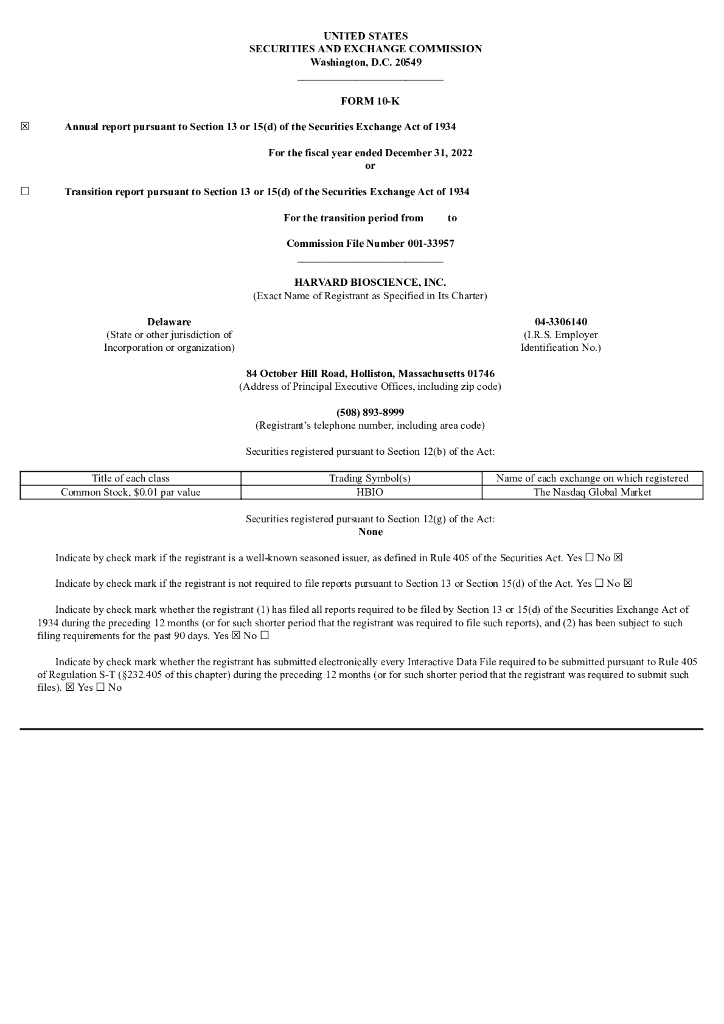 Harvard Bioscience Inc.（HBIO）2022财年年度报告（英文版）