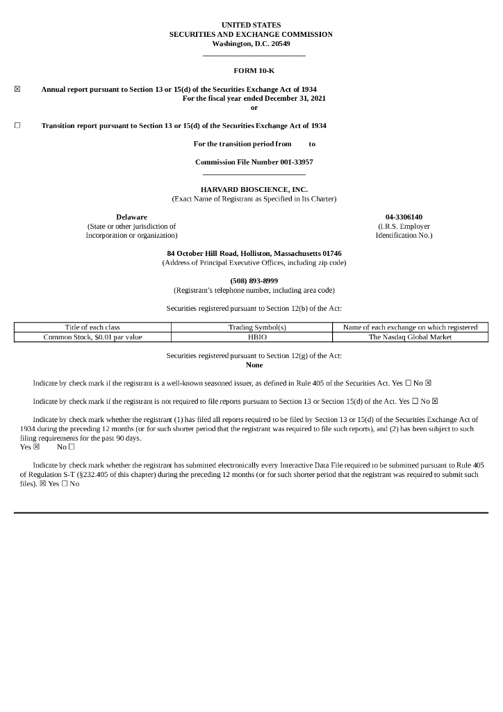 Harvard Bioscience Inc.（HBIO）2021财年年度报告（英文版）