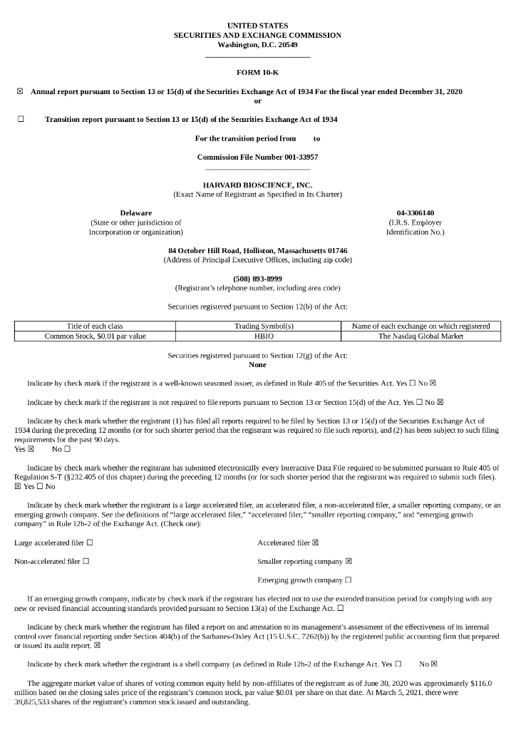 Harvard Bioscience Inc.（HBIO）2020财年年度报告（英文版）