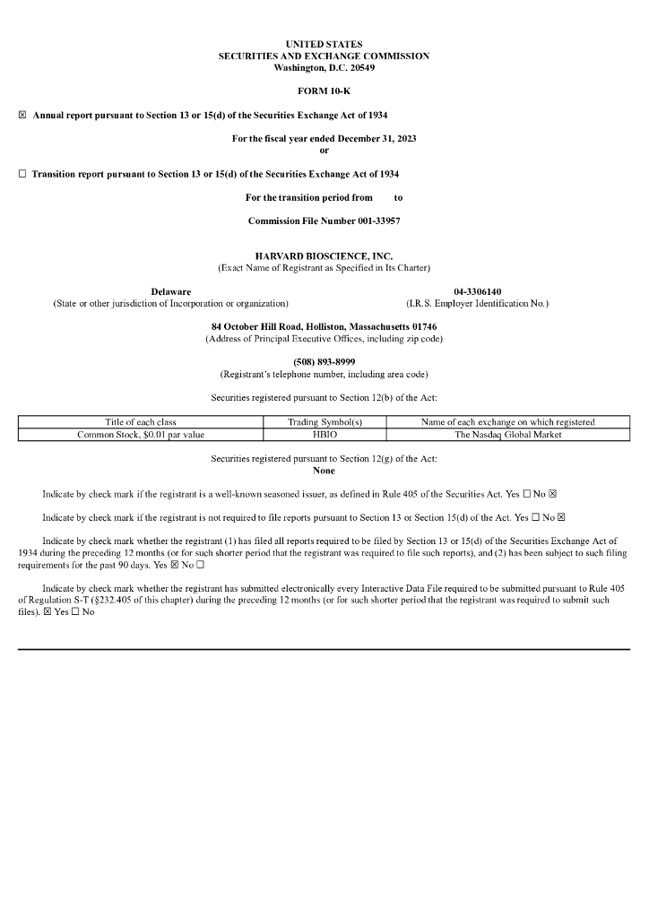 Harvard Bioscience Inc.（HBIO）2023财年年度报告（英文版）