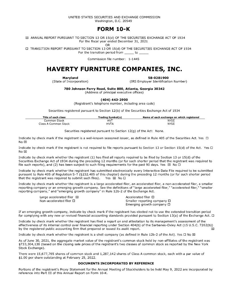 Haverty Furniture Companies Inc.（HVT）2021财年年度报告（英文版）