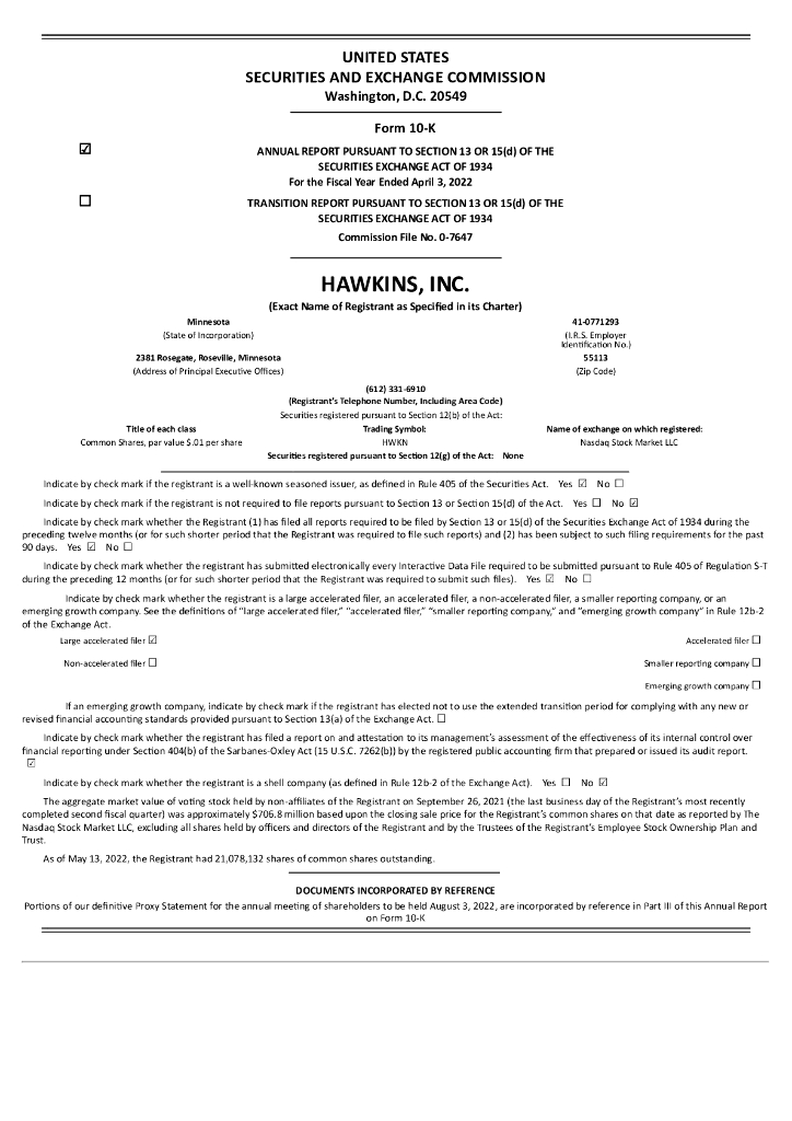 Hawkins Inc.（HWKN）2022财年年度报告（英文版）