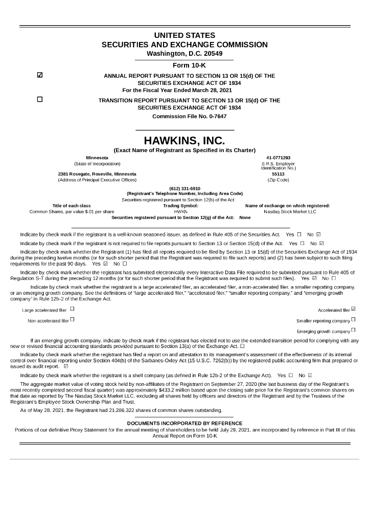 Hawkins Inc.（HWKN）2021财年年度报告（英文版）