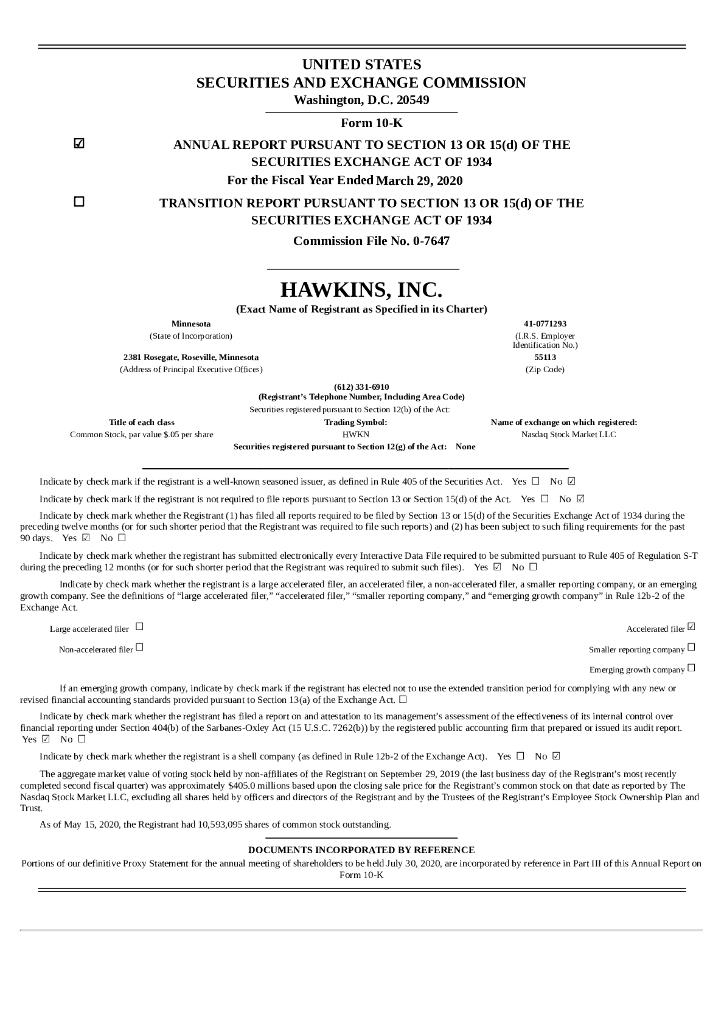 Hawkins Inc.（HWKN）2020财年年度报告（英文版）