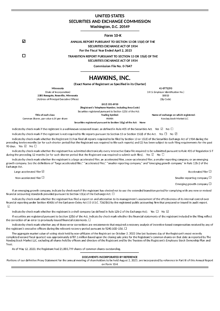 Hawkins Inc.（HWKN）2023财年年度报告（英文版）