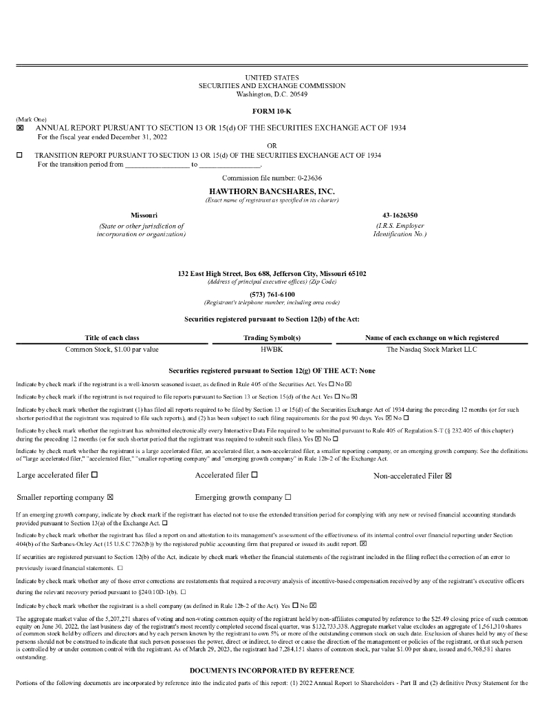 Hawthorn Bancshares,Inc.（HWBK）2022财年年度报告（英文版）