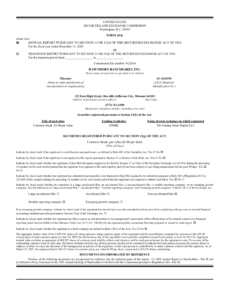 Hawthorn Bancshares,Inc.（HWBK）2020财年年度报告（英文版）
