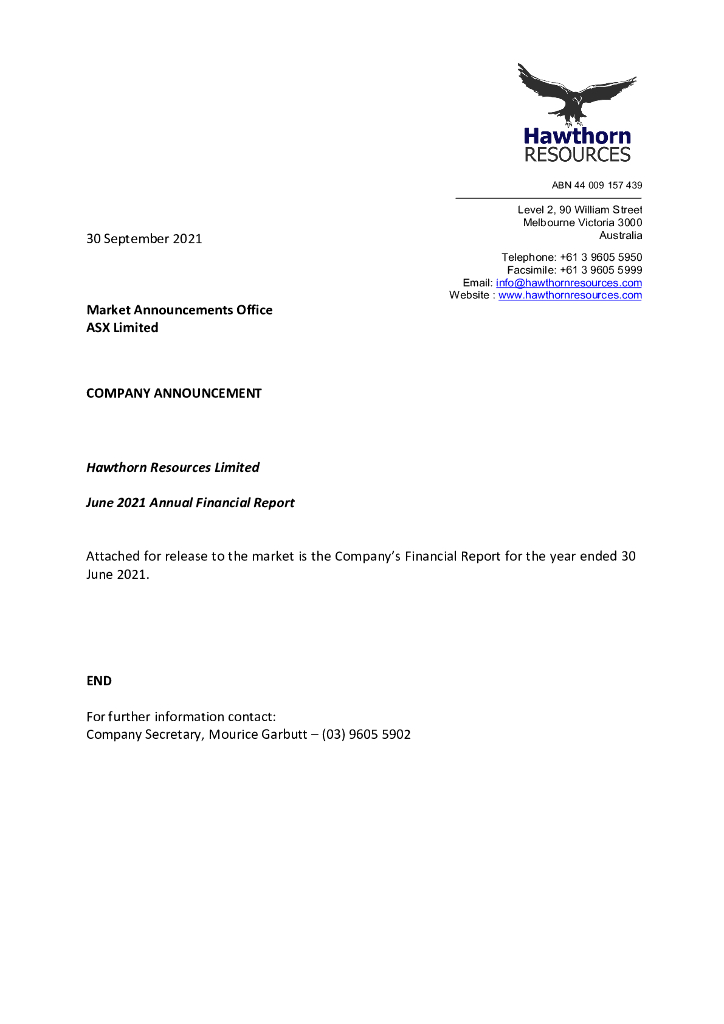 Hawthorn Resources Limited（HAW）2021财年年度报告（英文版）