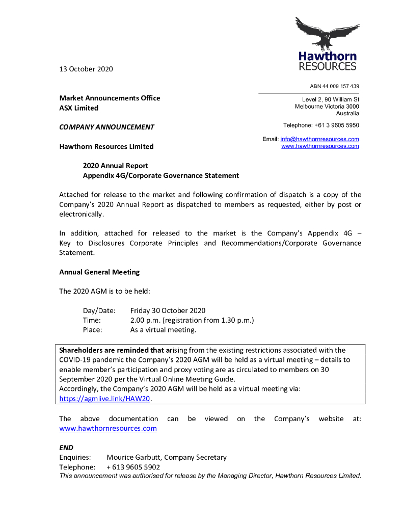 Hawthorn Resources Limited（HAW）2020财年年度报告（英文版）