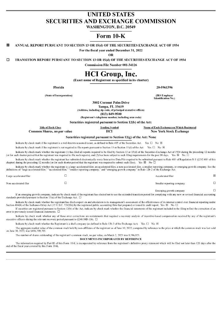 HCI Group Inc（HCI）2022财年年度报告（英文版）