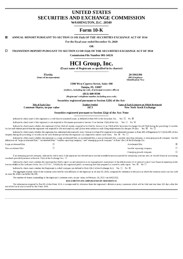 HCI Group Inc（HCI）2020财年年度报告（英文版）