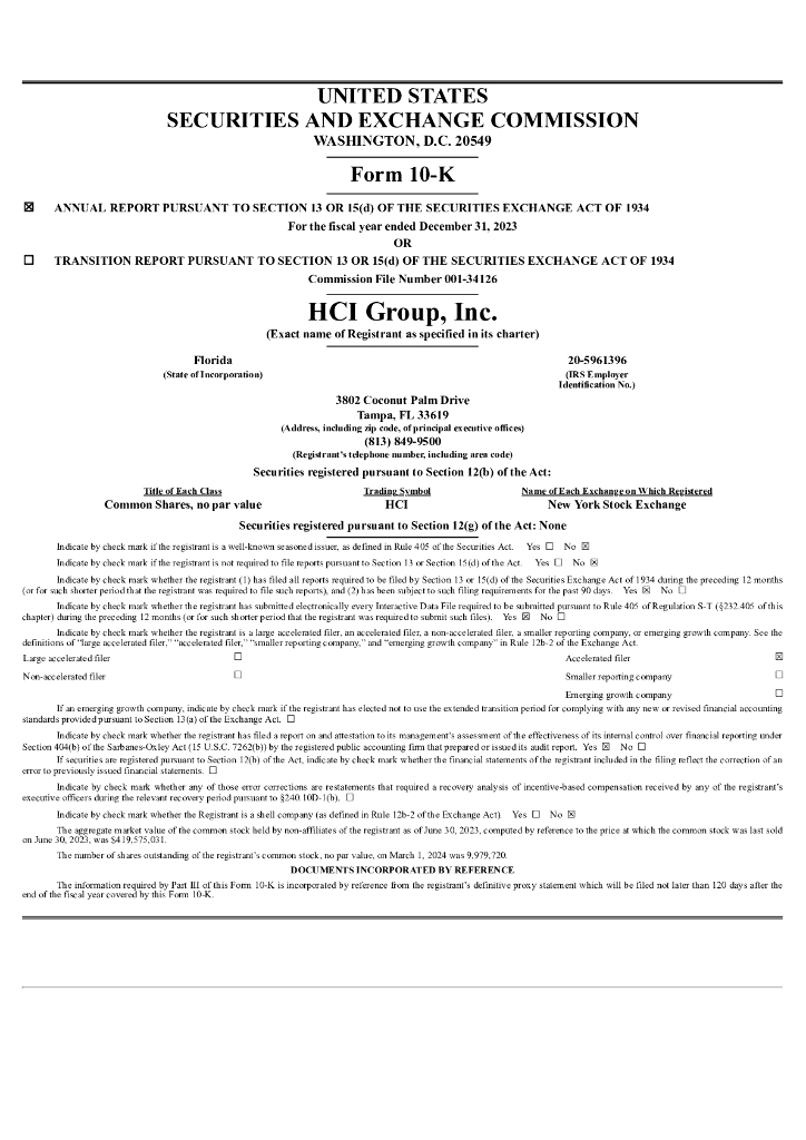HCI Group Inc（HCI）2023财年年度报告（英文版）