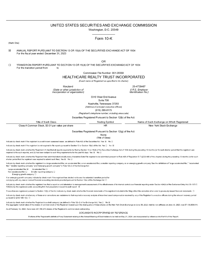 Healthcare Realty Trust Inc.（HR）2023财年年度报告（英文版）
