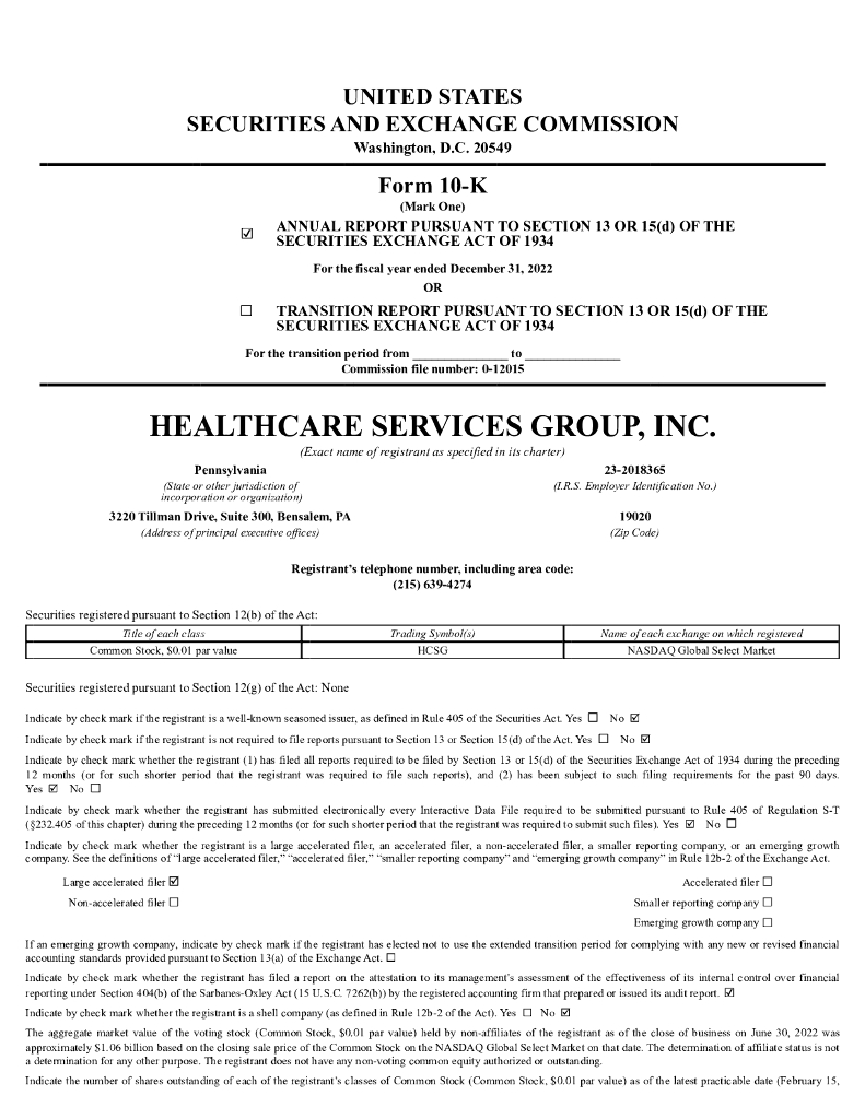 Healthcare Services Group Inc.（HCSG）2022财年年度报告（英文版）