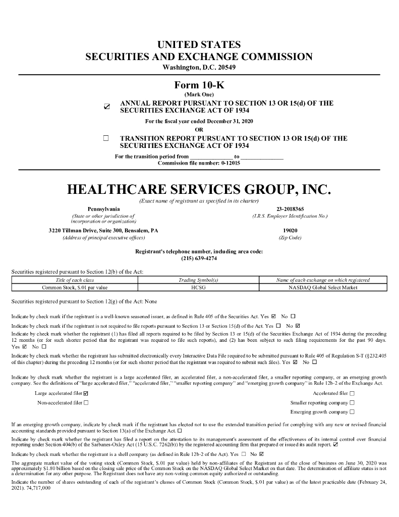 Healthcare Services Group Inc.（HCSG）2020财年年度报告（英文版）
