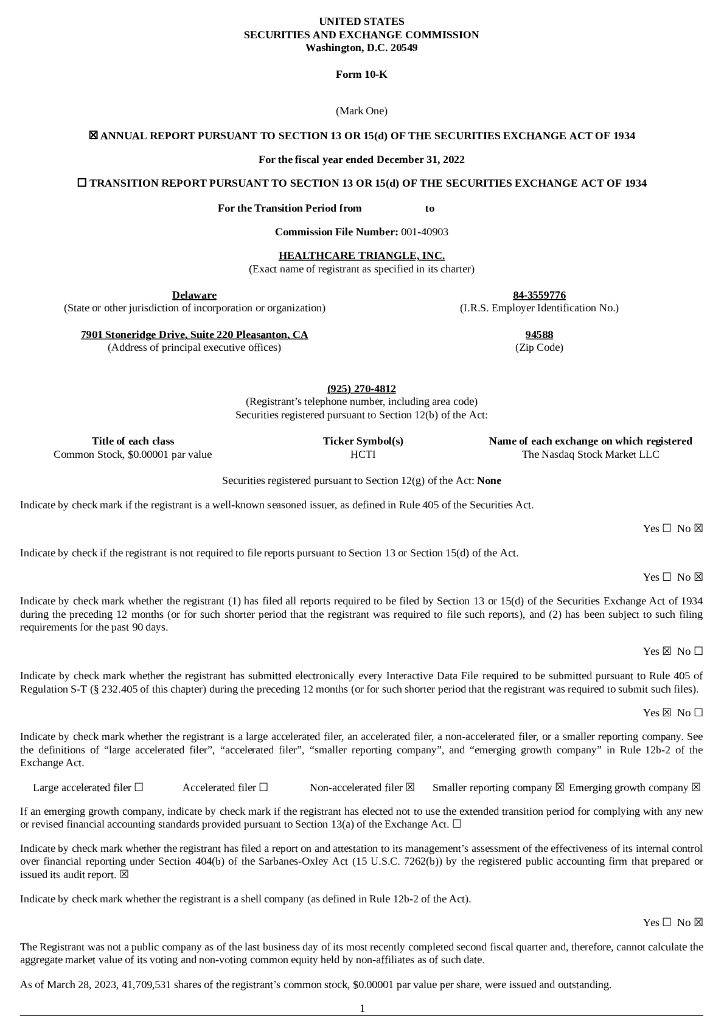 Healthcare Triangle,Inc.（HCTI）2022财年年度报告（英文版）