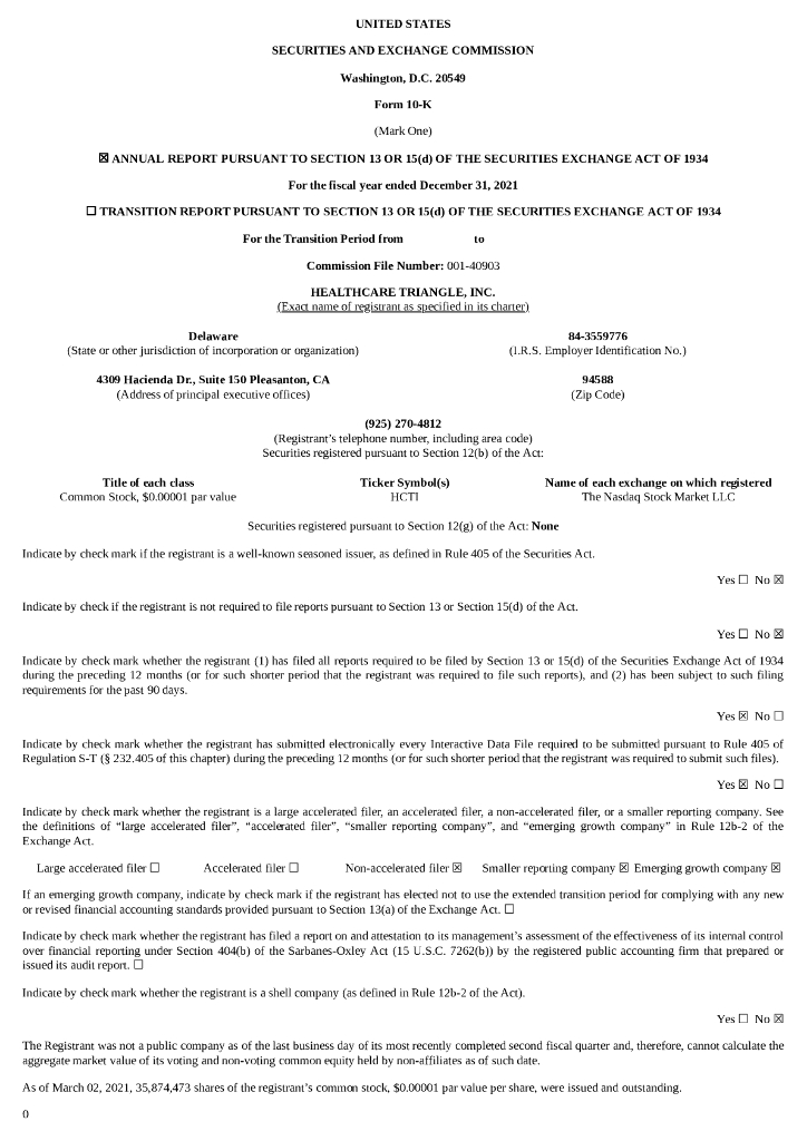 Healthcare Triangle,Inc.（HCTI）2021财年年度报告（英文版）
