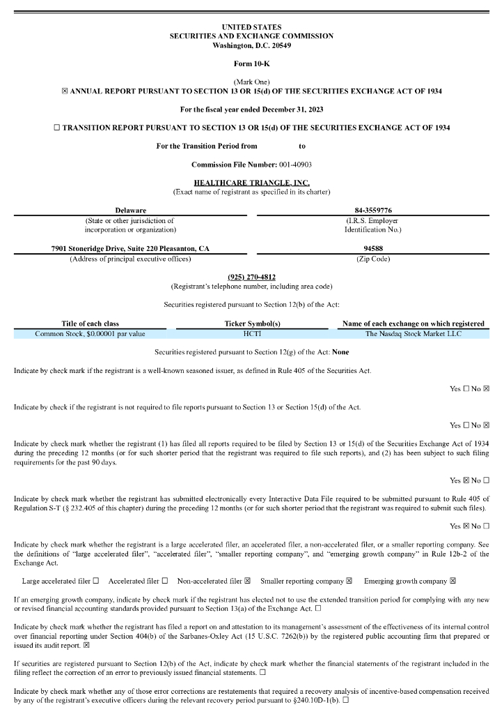 Healthcare Triangle,Inc.（HCTI）2023财年年度报告（英文版）