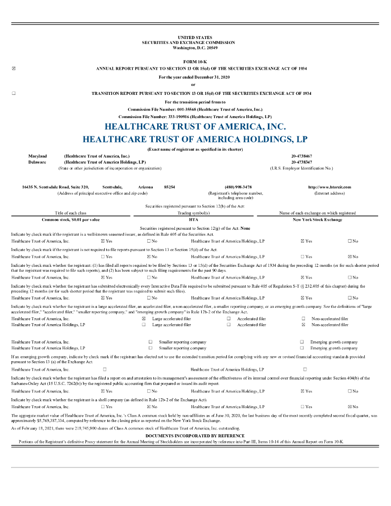 Healthcare Trust of America inc（HTA）2020财年年度报告（英文版）