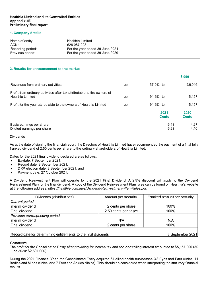 Healthia Limited（HLA）2021财年年度报告（英文版）