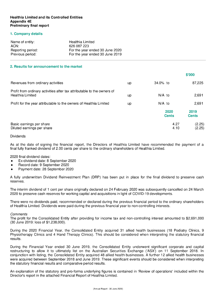 Healthia Limited（HLA）2020财年年度报告（英文版）