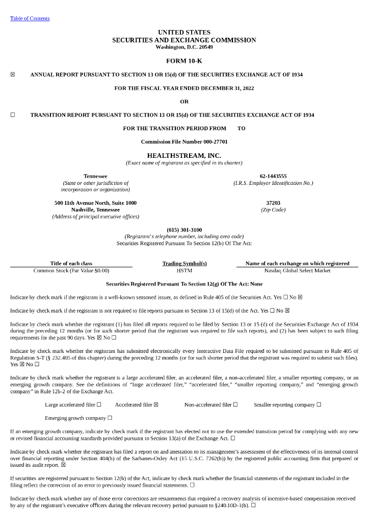 Healthstream Inc.（HSTM）2022财年年度报告（英文版）