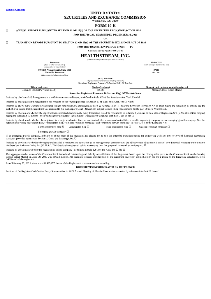 Healthstream Inc.（HSTM）2020财年年度报告（英文版）