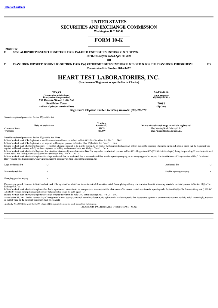 Heart Test Laboratories,Inc.（HSCS）2022财年年度报告（英文版）