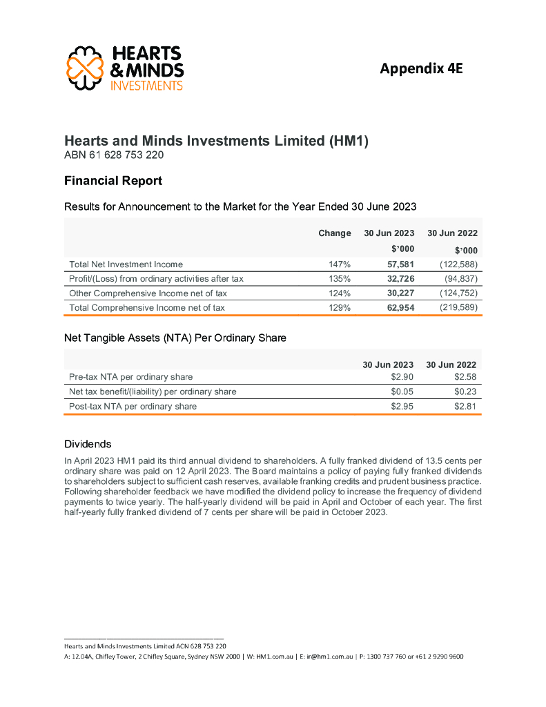 Hearts and Minds Investments（HM1）2023财年年度报告（英文版）
