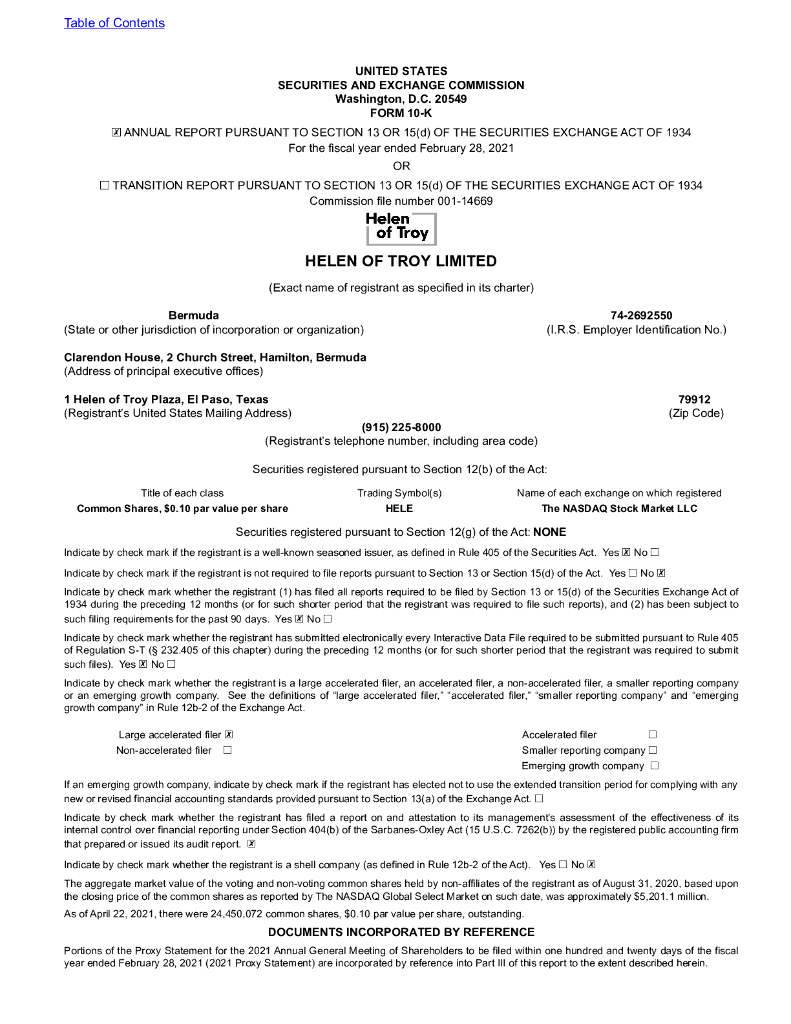 Helen of Troy Limited（HELE）2021财年年度报告（英文版）
