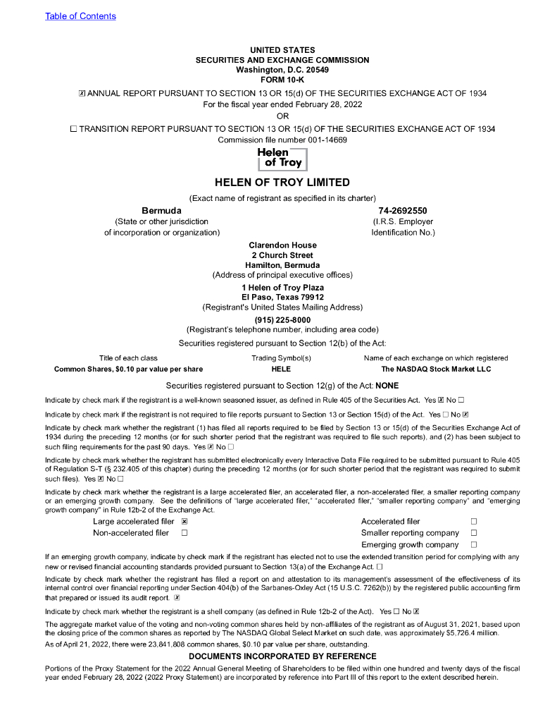 Helen of Troy Limited（HELE）2022财年年度报告（英文版）
