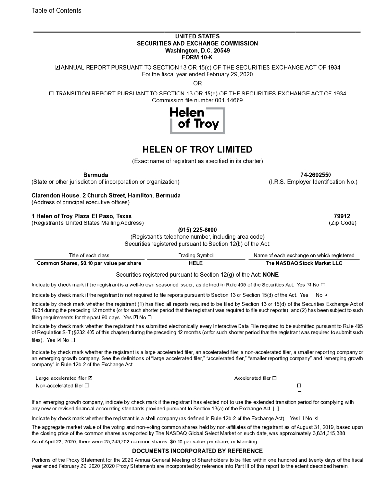 Helen of Troy Limited（HELE）2020财年年度报告（英文版）