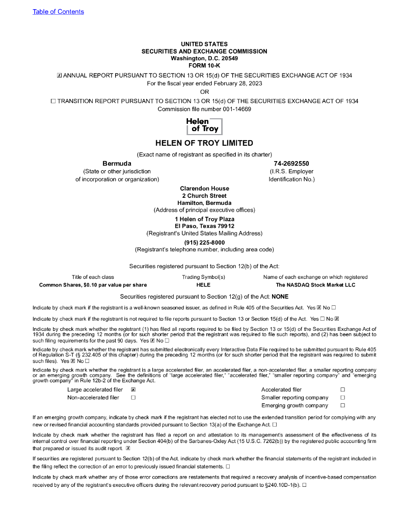 Helen of Troy Limited（HELE）2023财年年度报告（英文版）