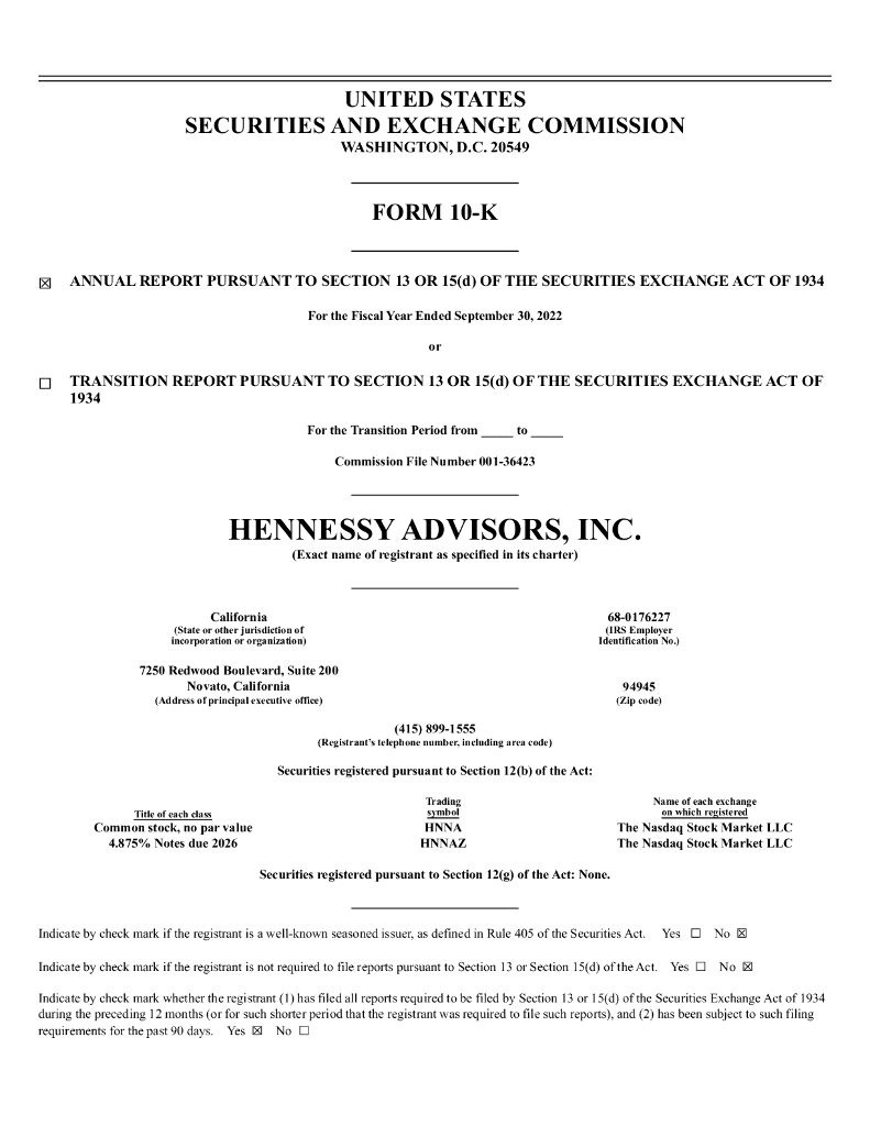 Hennessy Advisors,Inc.（HNNA）2022财年年度报告（英文版）