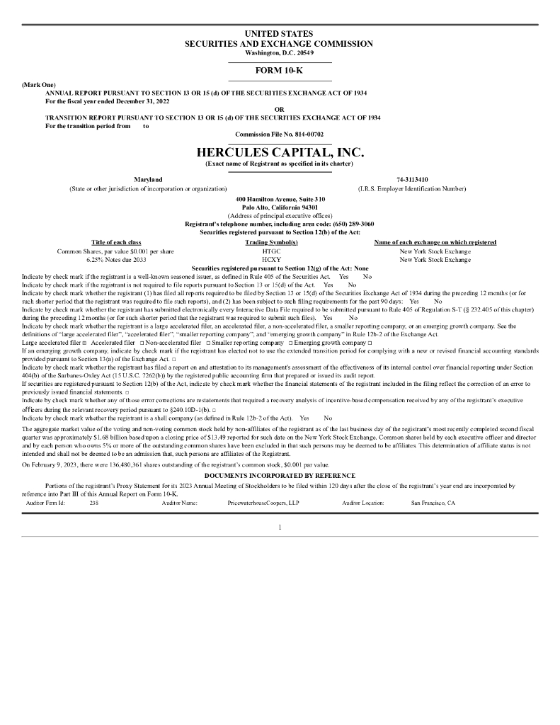 Hercules Technology Growth Capital,Inc.（HTGC）2022财年年度报告（英文版）