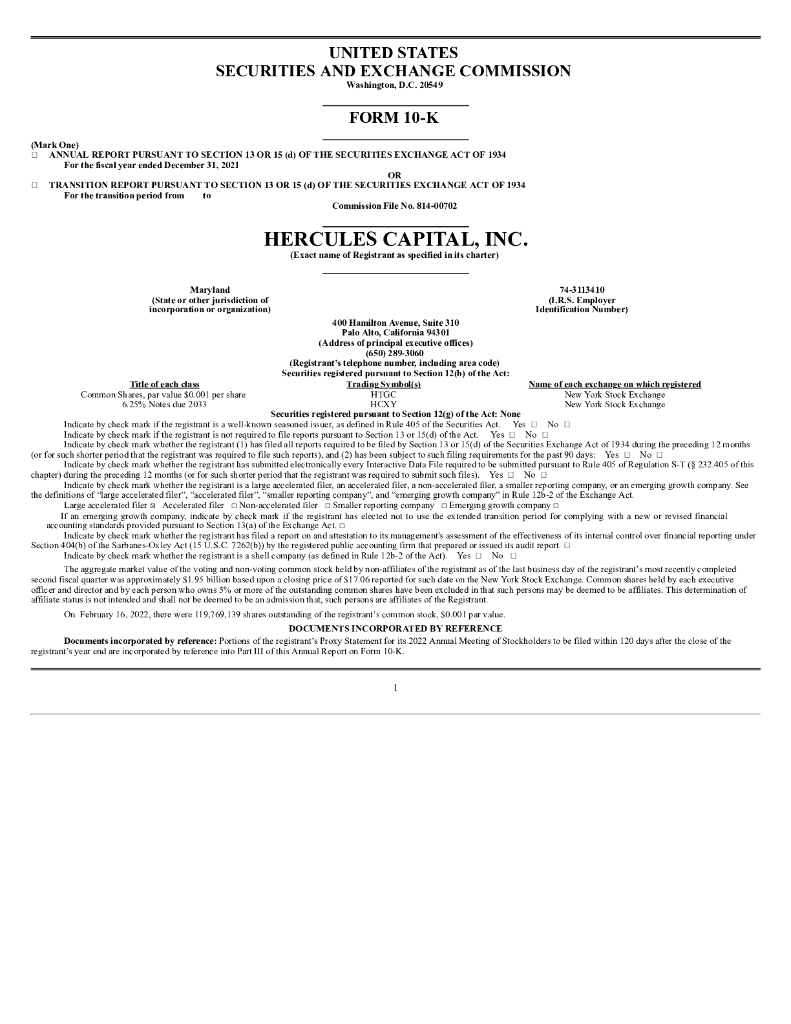 Hercules Technology Growth Capital,Inc.（HTGC）2021财年年度报告（英文版）