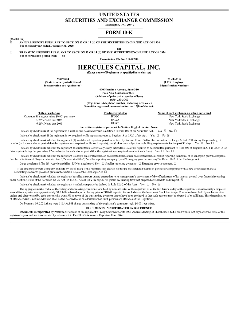 Hercules Technology Growth Capital,Inc.（HTGC）2020财年年度报告（英文版）