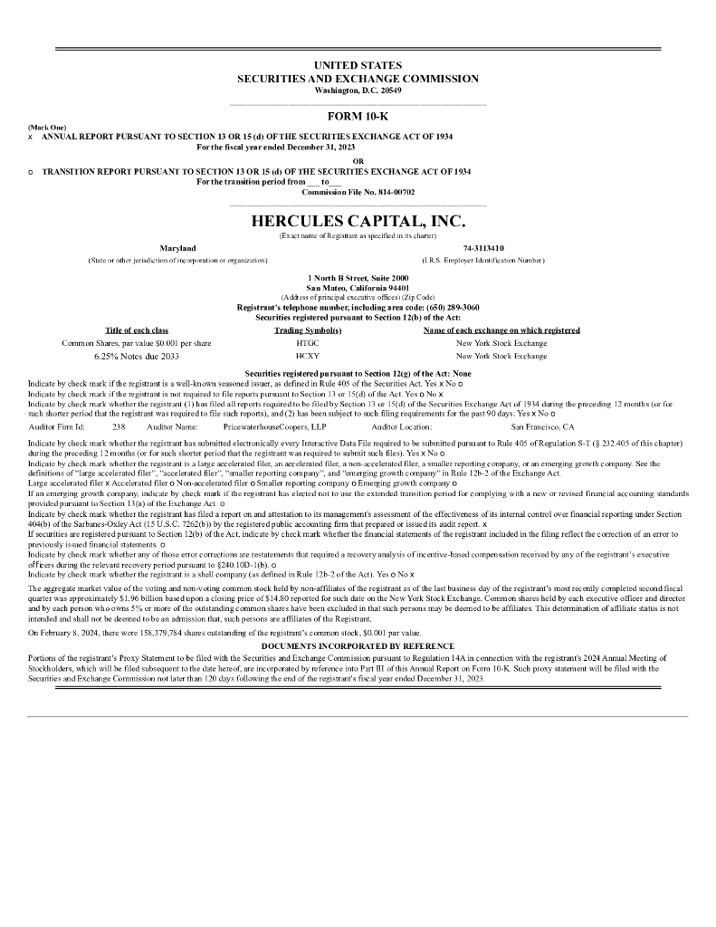 Hercules Technology Growth Capital,Inc.（HTGC）2023财年年度报告（英文版）